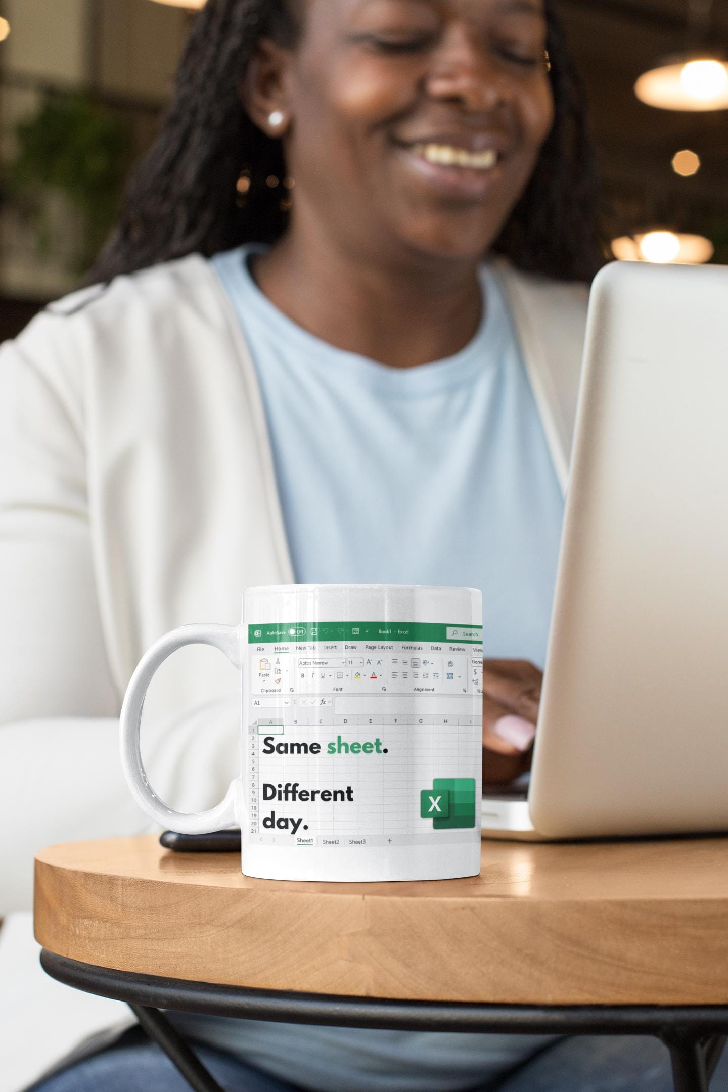 Funny Excel Mug – "Same Sheet Different Day" – Office Humor Coffee Cup for Accountants, Coworkers, and Spreadsheet Lovers