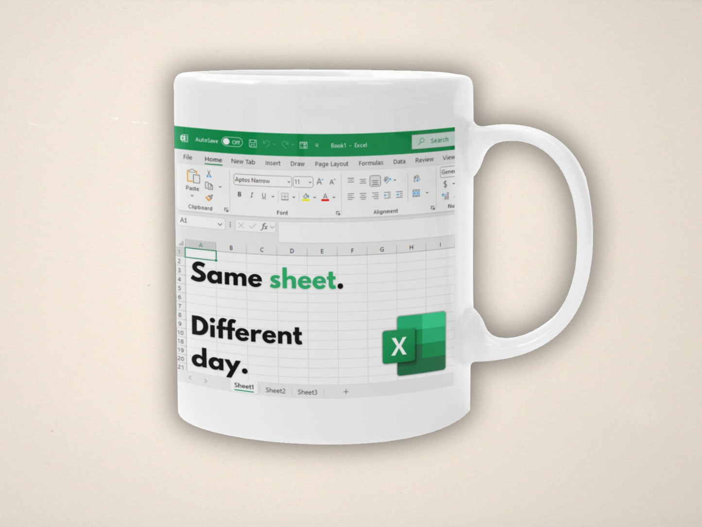 Funny Excel Mug – "Same Sheet Different Day" – Office Humor Coffee Cup for Accountants, Coworkers, and Spreadsheet Lovers