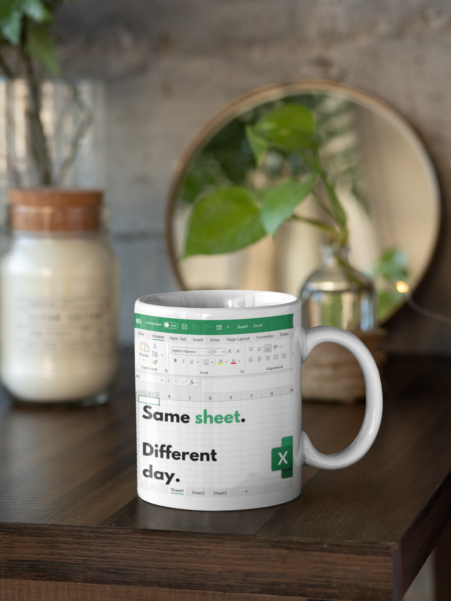 Funny Excel Mug – "Same Sheet Different Day" – Office Humor Coffee Cup for Accountants, Coworkers, and Spreadsheet Lovers